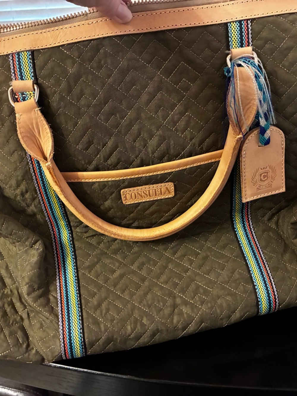 Consuela Olive Quilted Tote with Tan Leather and Multicolor Straps
